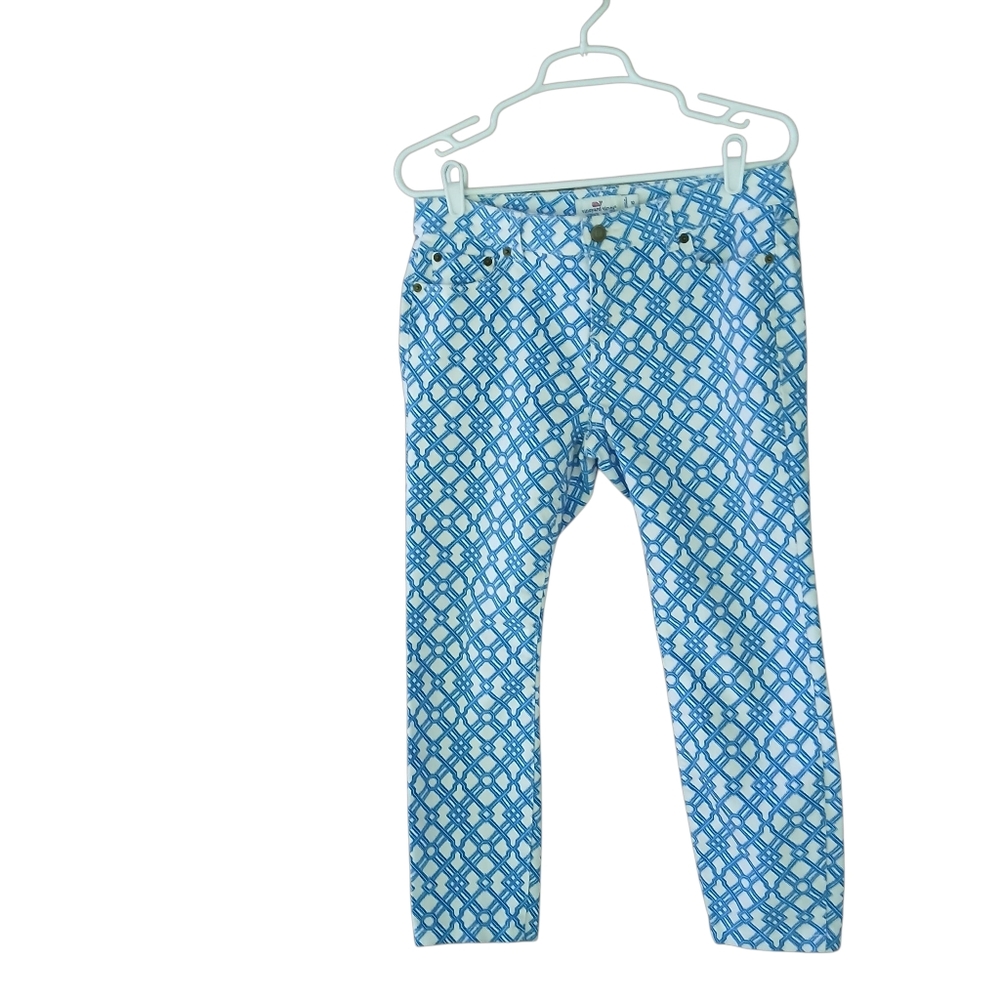 Vineyard Vines Blue & White Lattice Print Mid Rise Skinny Cropped Jeans Size 10